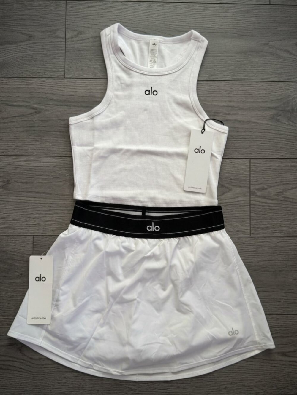 ALO Yoga Match Point Tennis Skirt & Aspire Tank Set White/Black | Size L | NWT